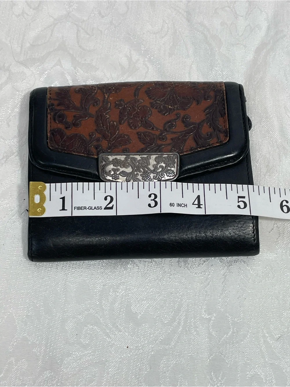 Brighton Vintage Tooled Leather Bifold Wallet in Black and Brown.